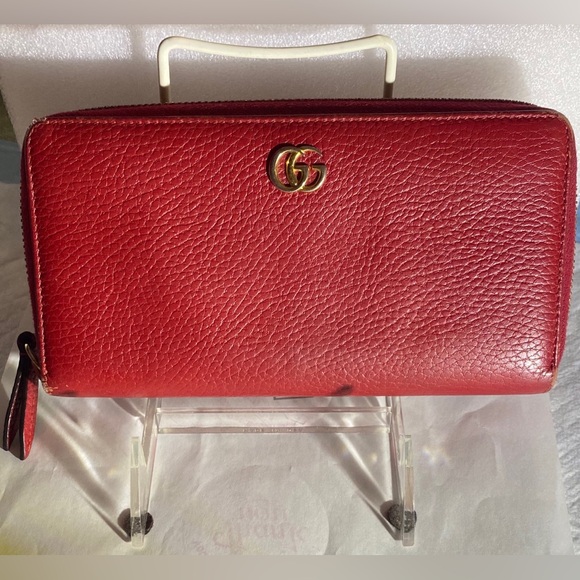Gucci GG Marmont Zip Around Long Hibiscus Red  Leather Women's Wallet - Picture 1 of 16